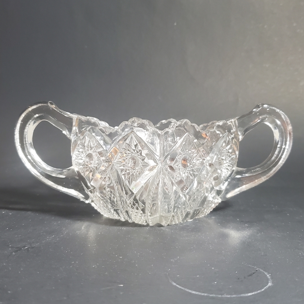 Vintage Square Sugar Bowl Cut Glass 2 Handles & Saw Tooth Scallop Rim Edge Top